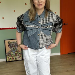 Koszula jeansowa damska patchwork crop czarna krata tiulowe rękawy