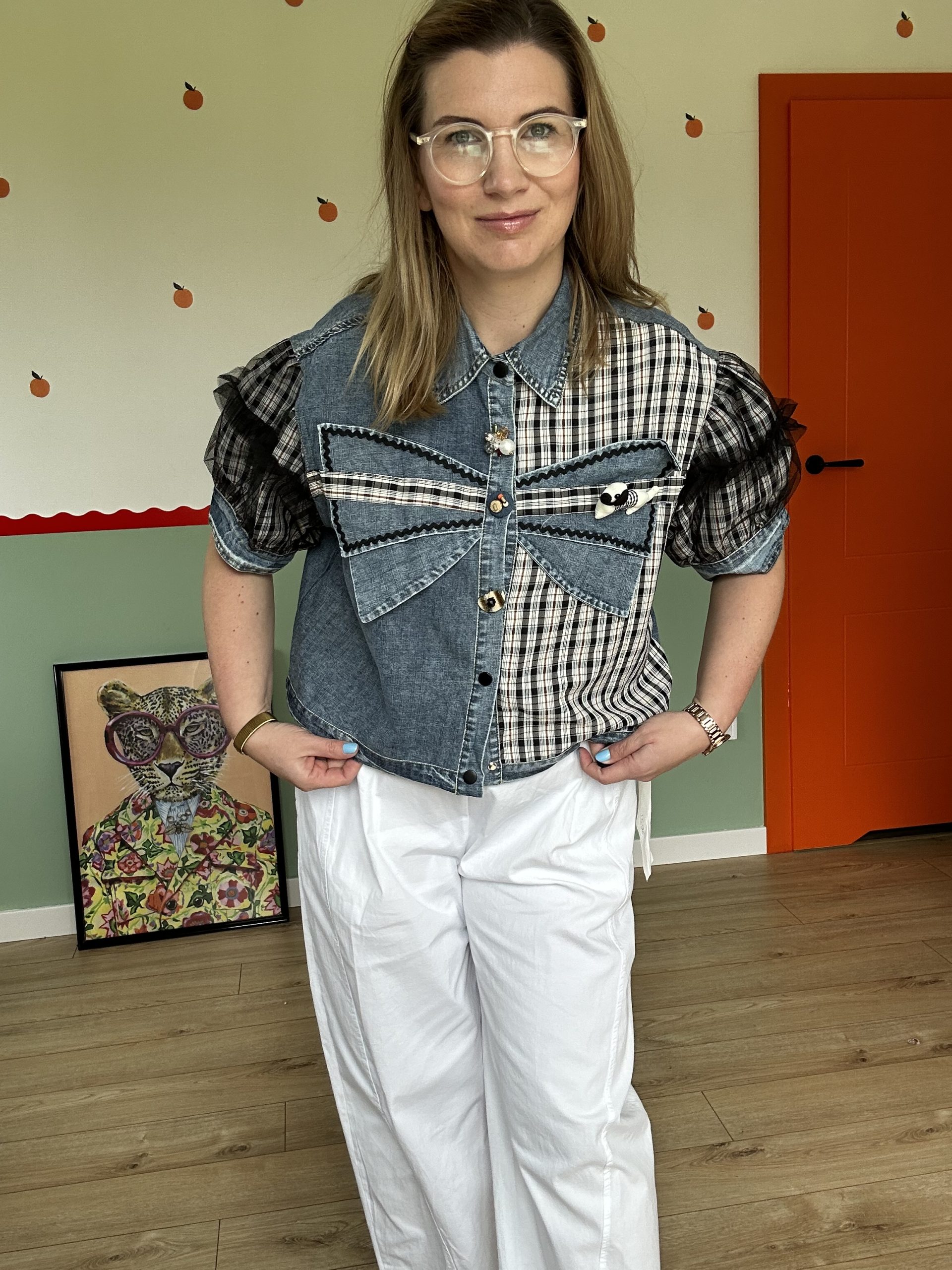 Koszula jeansowa damska patchwork crop czarna krata tiulowe rękawy