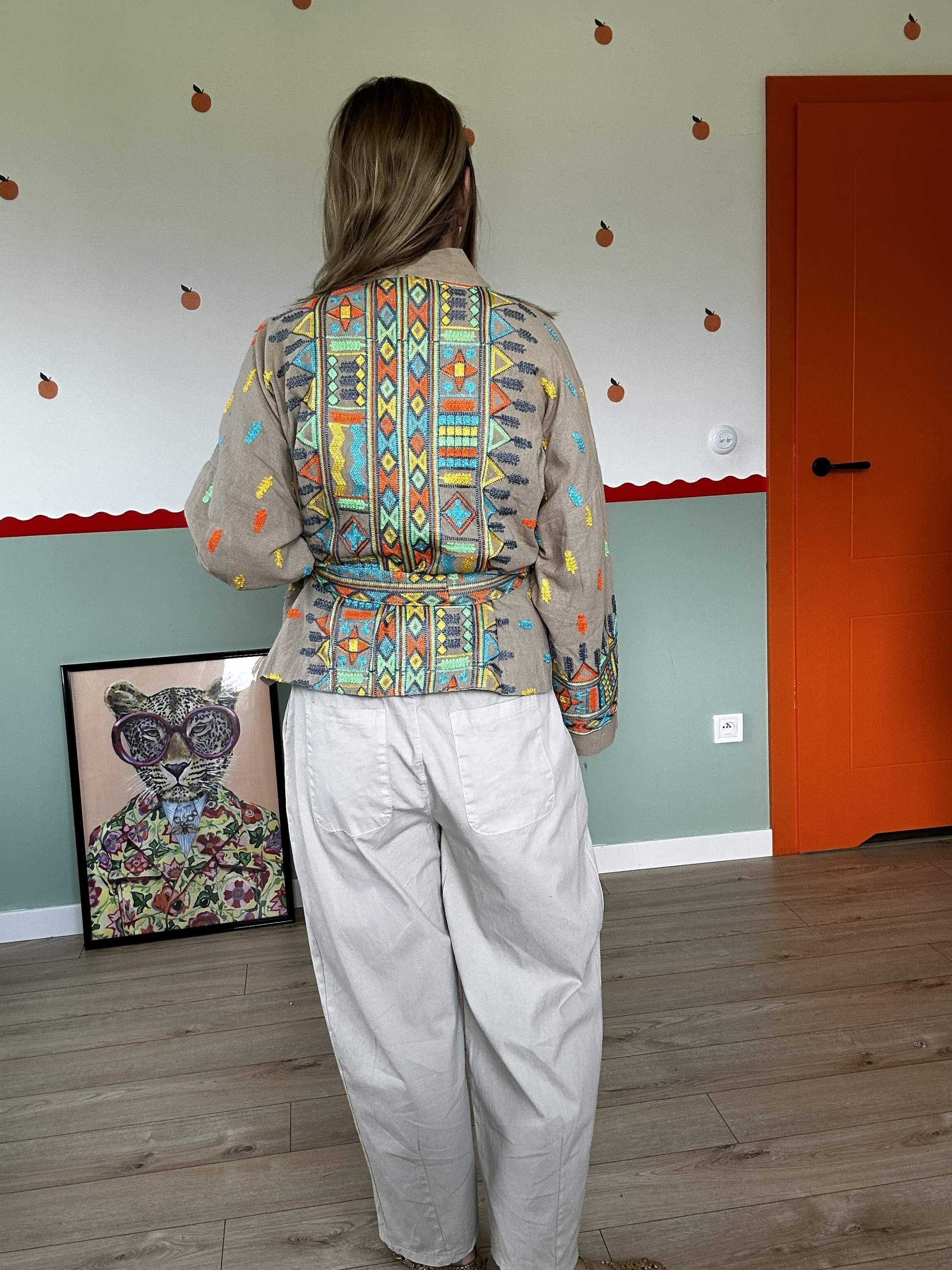 Kimono damskie z haftem etnicznym azteckim beżowe - obrazek 3