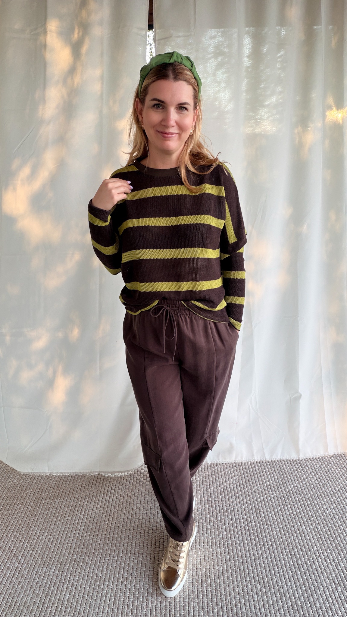 Sweter LIME – brązowo‑zielony w pasy - obrazek 3