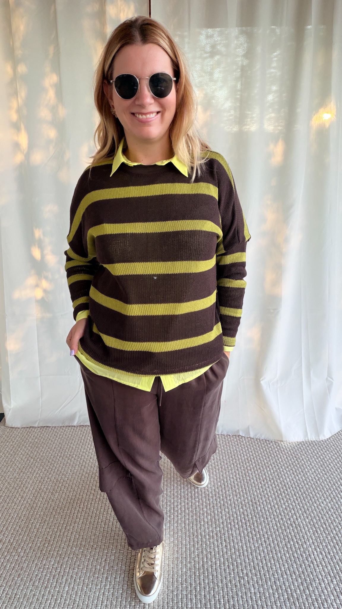 Sweter LIME – brązowo‑zielony w pasy - obrazek 4